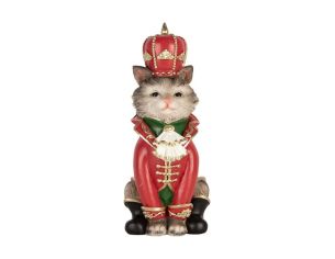 Chat décoratif polyrésine costume casse-noisette rouge vert couronne dorée L8 x l11 x H21cm