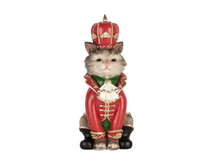 Chat décoratif polyrésine costume casse-noisette rouge vert couronne dorée L8 x l11 x H21cm
