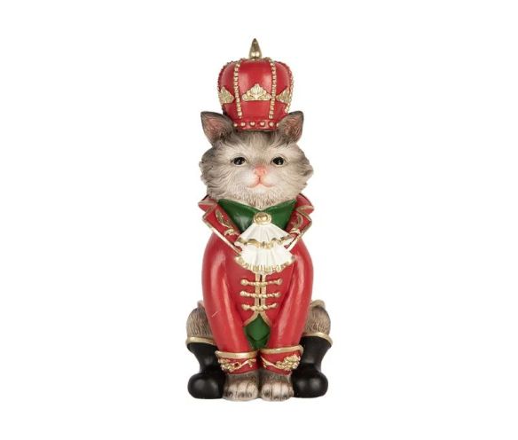 Chat décoratif polyrésine costume casse-noisette rouge vert couronne dorée L8 x l11 x H21cm