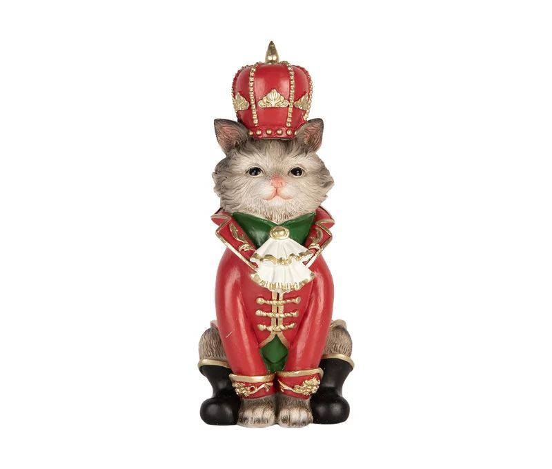 Chat décoratif polyrésine costume casse-noisette rouge vert couronne dorée L8 x l11 x H21cm