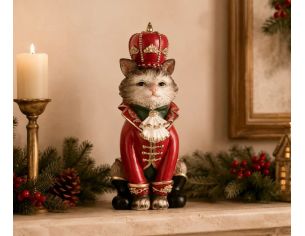 Chat décoratif polyrésine costume casse-noisette rouge vert couronne dorée L8 x l11 x H21cm