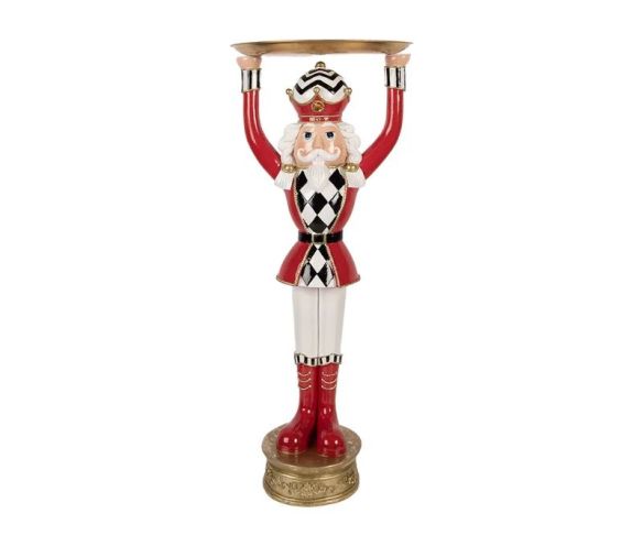 Casse-noisette polyrésine rouge blanc doré avec plateau socle doré L30 x l30 x H65cm