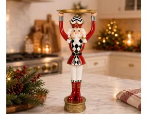 Casse-noisette polyrésine rouge blanc doré avec plateau socle doré L30 x l30 x H65cm