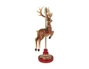 Décoration renne polyrésine marron rouge doré socle rouge L18 x l10 x H35cm