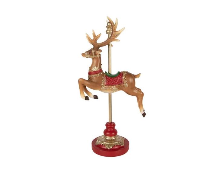 Décoration renne polyrésine marron rouge doré socle rouge L18 x l10 x H35cm