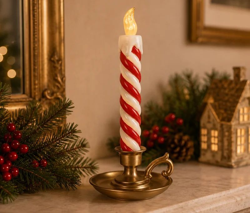 Bougie décorative polyrésine sucre d'orge rouge blanc bougeoir doré L12 x l11 x H26cm