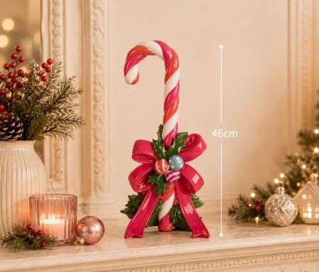 Décoration Noël sucre d'orge rose blanc nœud rouge houx boules polyrésine H45cm - Lilosquare