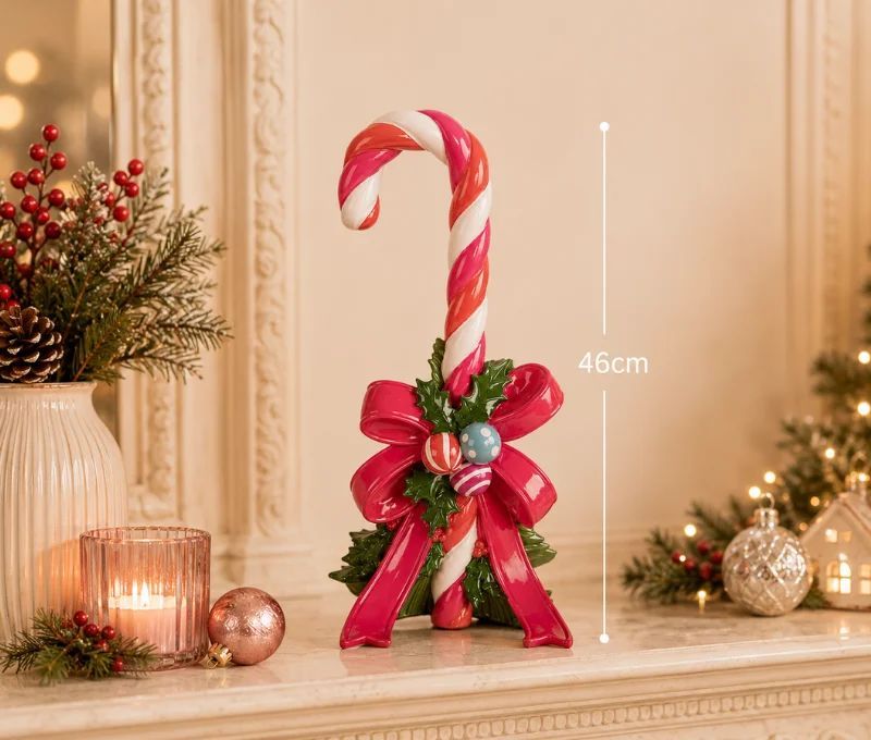 Décoration Noël sucre d'orge rose blanc nœud rouge houx boules polyrésine H45cm - Lilosquare