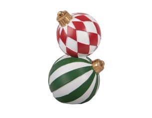 Décoration Noël deux boules empilées losanges rouge blanc rayures vert blanc Ø12 x H20cm