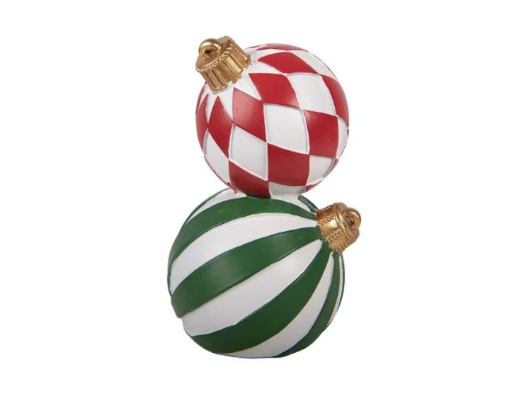 Décoration Noël deux boules empilées losanges rouge blanc rayures vert blanc Ø12 x H20cm