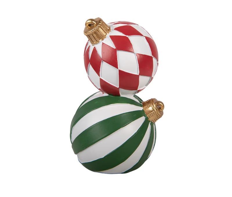 Décoration Noël deux boules empilées losanges rouge blanc rayures vert blanc Ø12 x H20cm