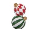 Voir la slide Décoration Noël deux boules empilées losanges rouge blanc rayures vert blanc Ø12 x H20cm