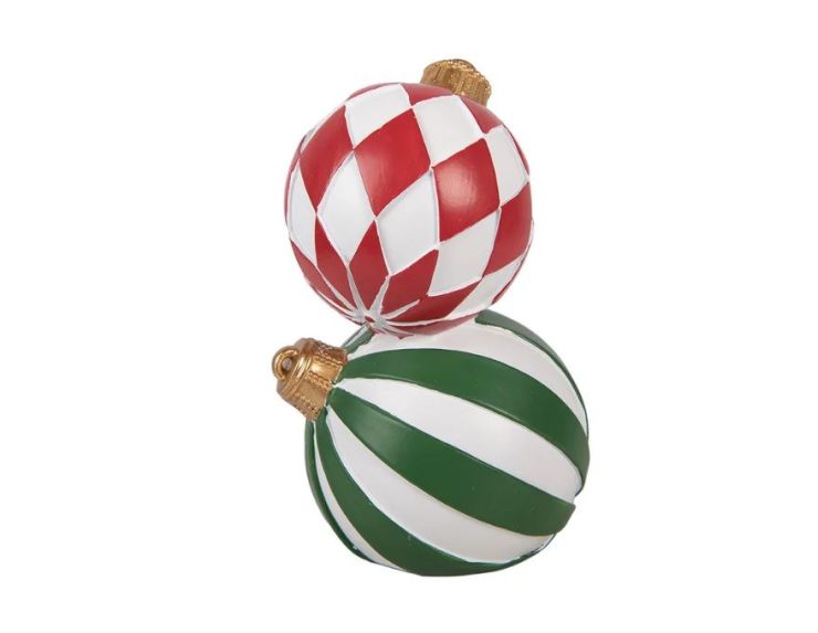 Décoration Noël deux boules empilées losanges rouge blanc rayures vert blanc Ø12 x H20cm