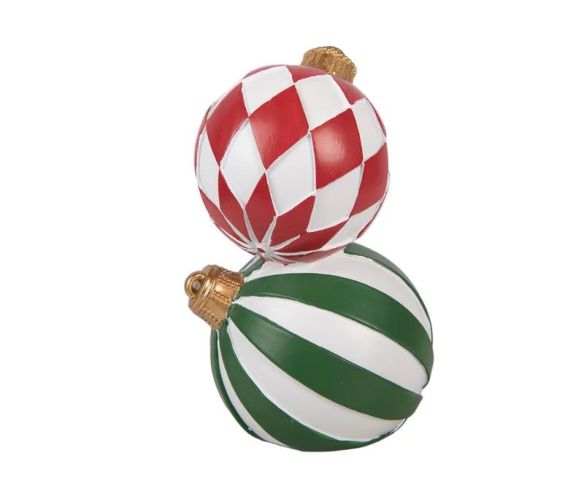 Décoration Noël deux boules empilées losanges rouge blanc rayures vert blanc Ø12 x H20cm