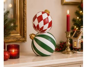 Décoration Noël deux boules empilées losanges rouge blanc rayures vert blanc Ø12 x H20cm