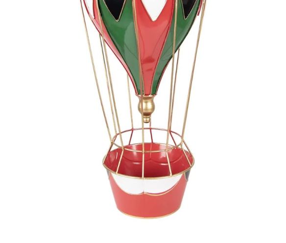 Montgolfière métal rouge vert noir blanc doré panier rouge Ø26 x H62cm