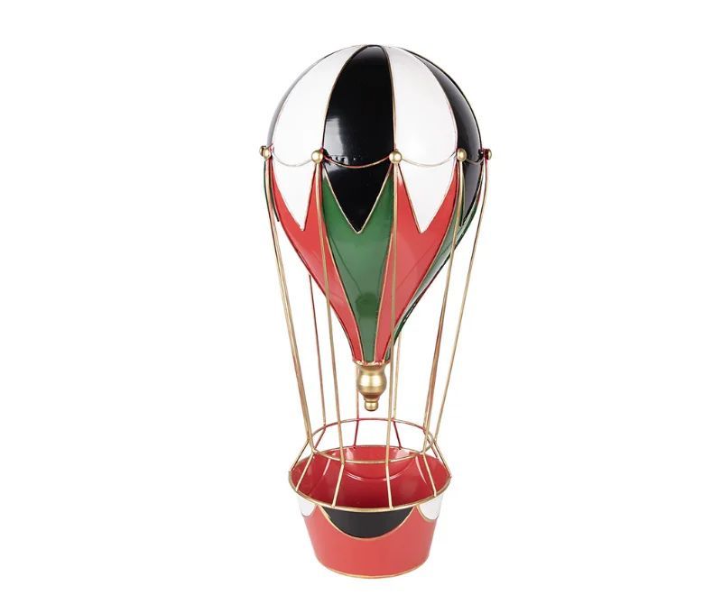 Montgolfière métal rouge vert noir blanc doré panier rouge Ø26 x H62cm