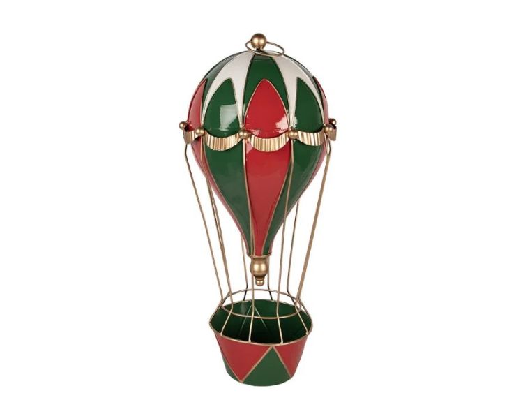 Montgolfière métal rouge vert blanc doré panier vert rouge Ø28 x H66cm