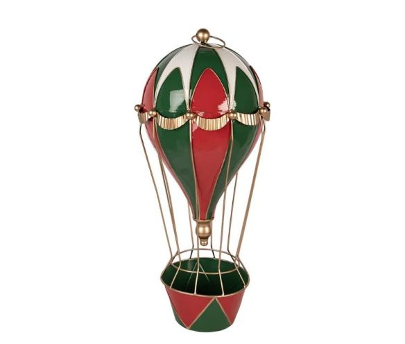 Montgolfière métal rouge vert blanc doré panier vert rouge Ø28 x H66cm