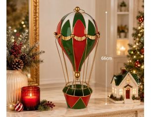 Montgolfière métal rouge vert blanc doré panier vert rouge Ø28 x H66cm