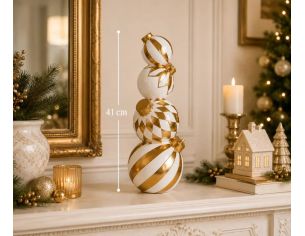 Décoration Noël quatre boules empilées blanches dorées motifs rayures losanges Ø15 x H41cm