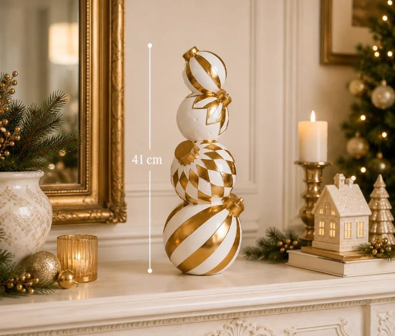 Décoration Noël quatre boules empilées blanches dorées motifs rayures losanges Ø15 x H41cm