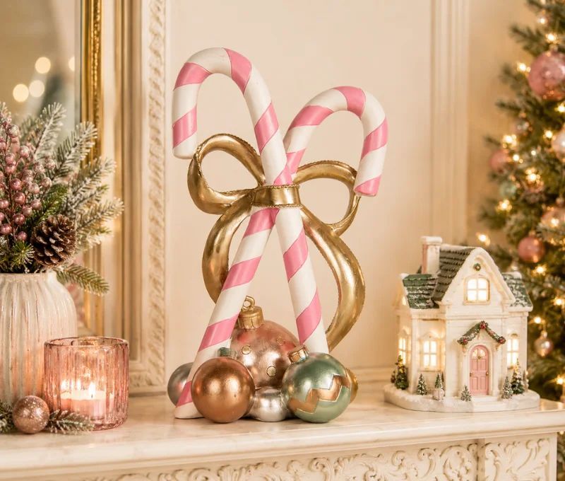 Décoration sucres d'orge roses blancs croisés nœud doré boules décoratives L19 x l14 x H30cm
