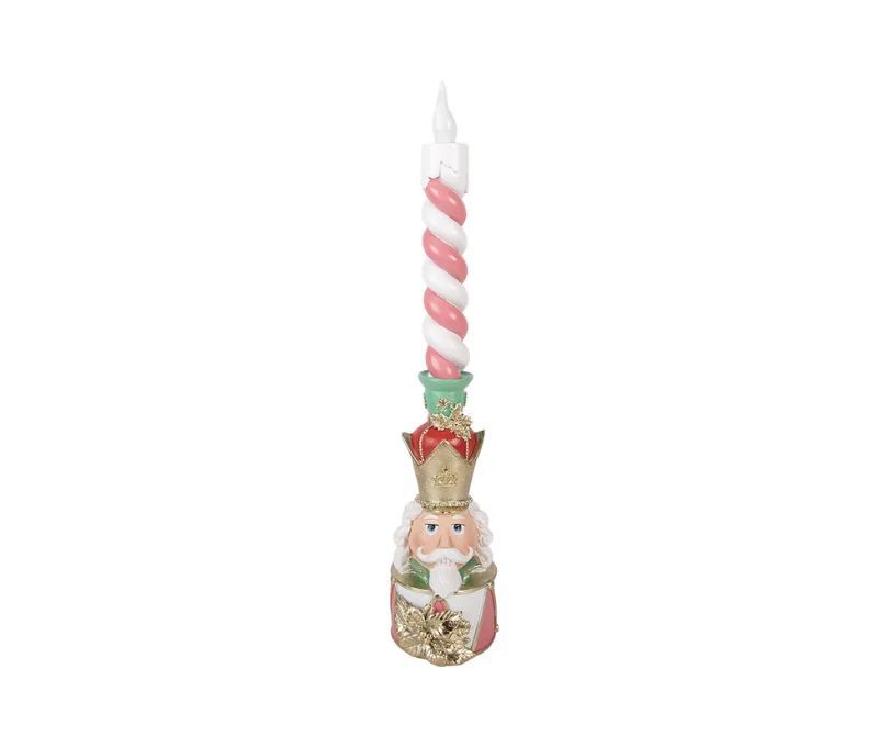Bougeoir casse-noisette couronne dorée bougie torsadée rose blanc L9 x l10 x H45cm