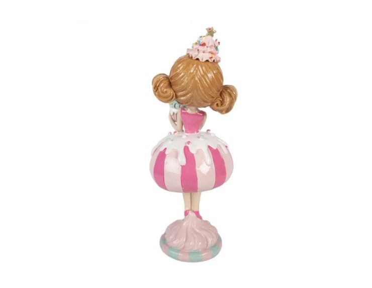 Figurine fillette polyrésine robe rose blanche cupcake menthe socle rayé L10 x l10 x H25cm