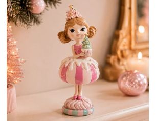 Figurine fillette polyrésine robe rose blanche cupcake menthe socle rayé L10 x l10 x H25cm