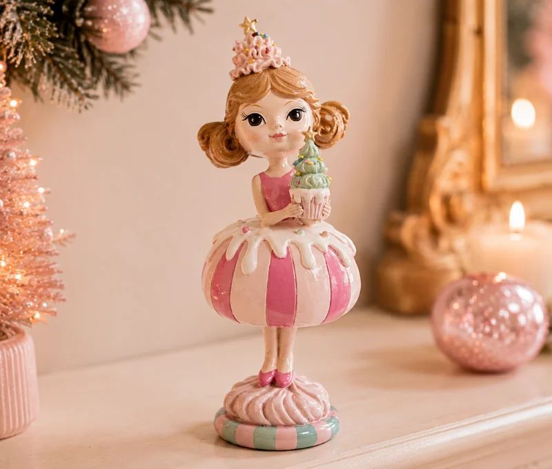 Figurine fillette polyrésine robe rose blanche cupcake menthe socle rayé L10 x l10 x H25cm
