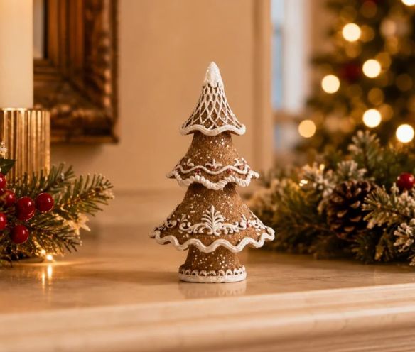 Arbre de Noël pain d'épices brun blanc à pois rouges H11cm