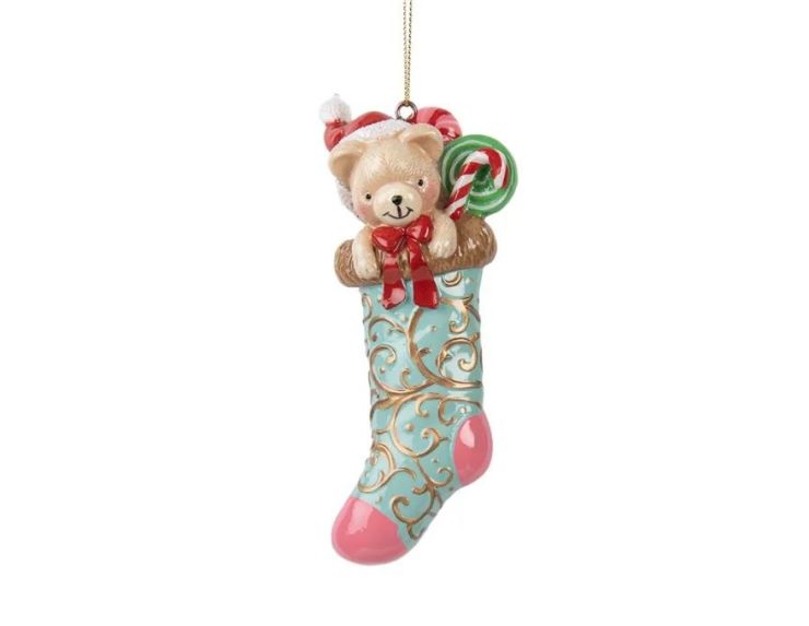 Suspension ours chaussette de Noël bleue rose doré H15cm