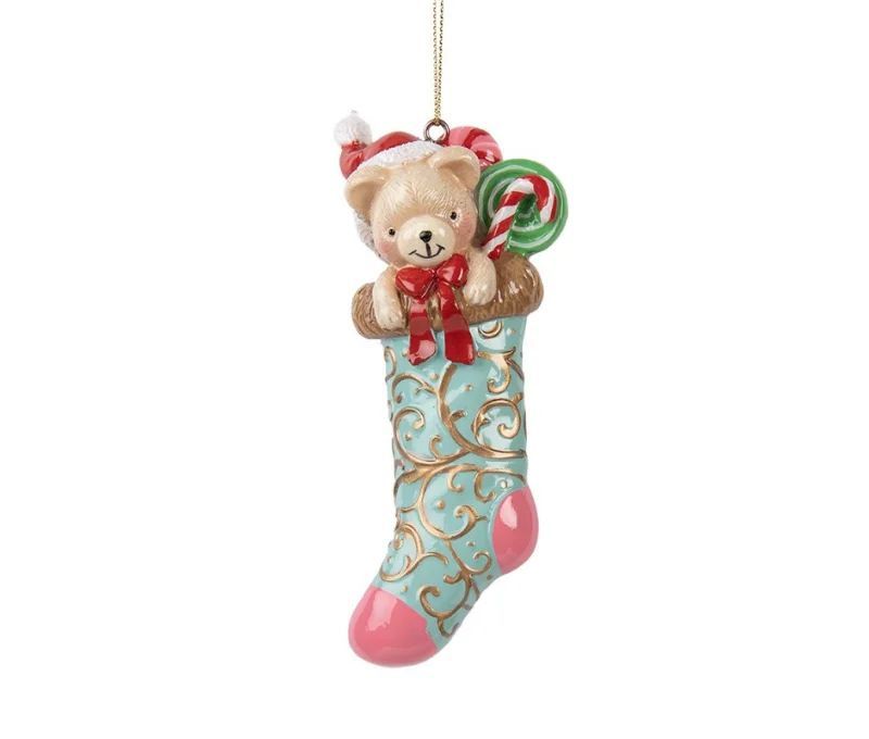 Suspension ours chaussette de Noël bleue rose doré H15cm