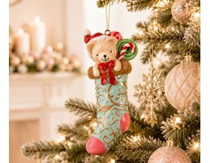 Suspension ours chaussette de Noël bleue rose doré H15cm