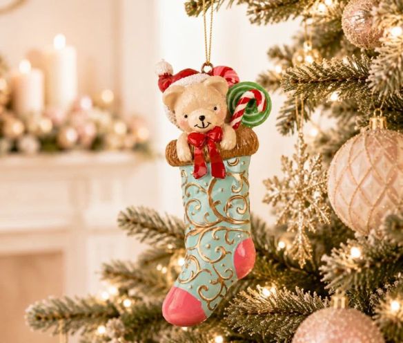 Suspension ours chaussette de Noël bleue rose doré H15cm