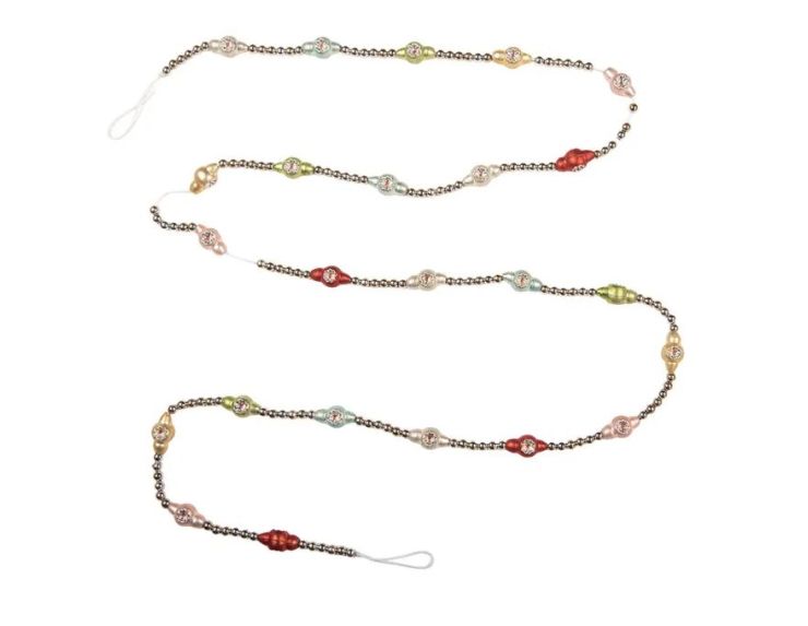 Guirlande de Noël perles argentées strass rouge vert doré verre 180cm