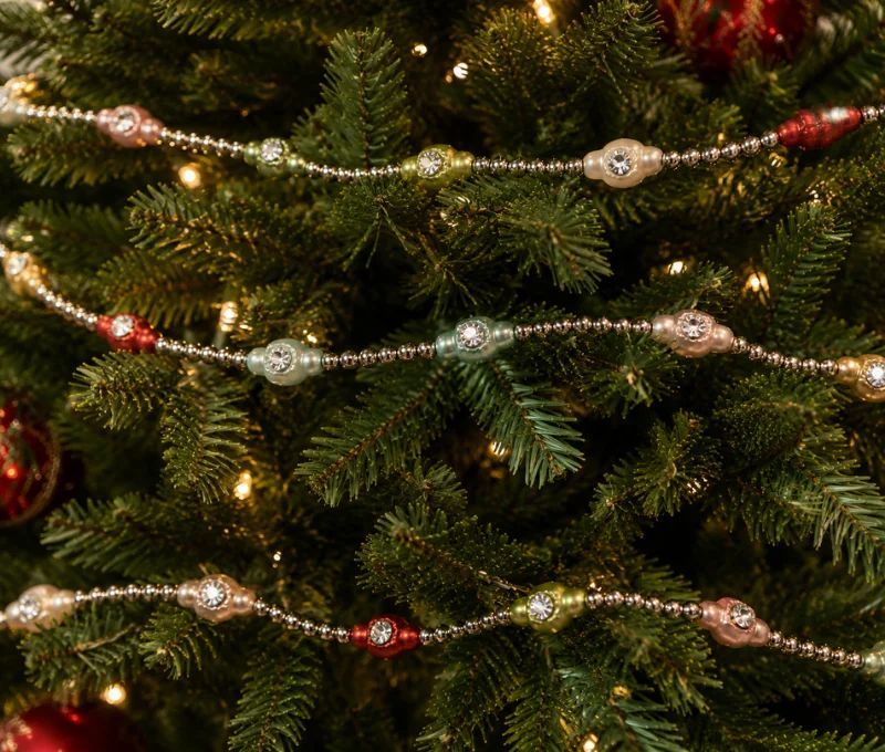 Guirlande de Noël perles argentées strass rouge vert doré verre 180cm