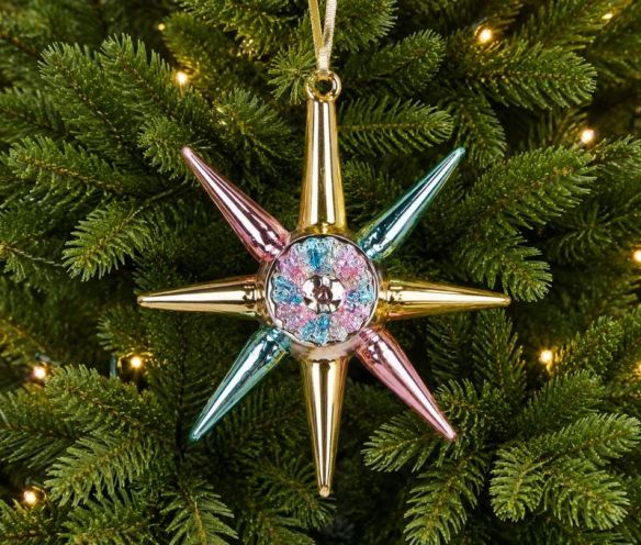 Suspension étoile de Noël verre rose bleu doré H11cm