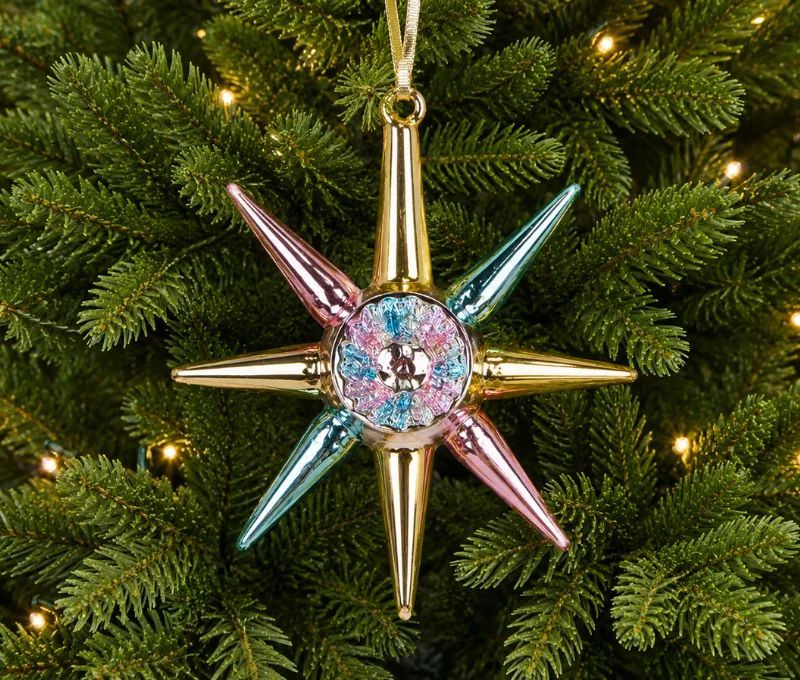 Suspension étoile de Noël verre rose bleu doré H11cm