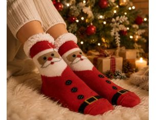 Chaussettes de Noël rouges visage Père Noël bordure blanche moelleuse taille unique