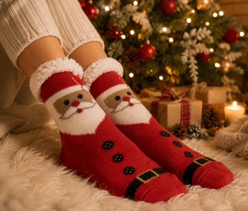 Chaussettes de Noël rouges visage Père Noël bordure blanche moelleuse taille unique