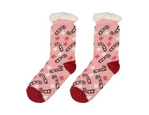 Chaussettes de Noël roses cannes sucre d'orge étoiles bordure blanche moelleuse