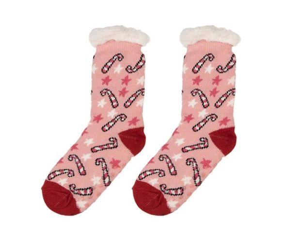 Chaussettes de Noël roses cannes sucre d'orge étoiles bordure blanche moelleuse
