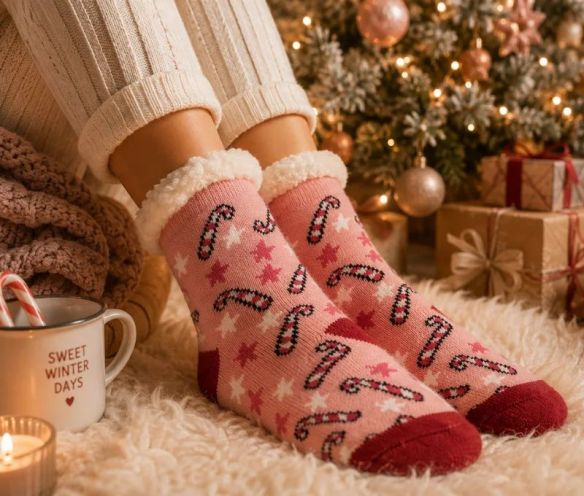 Chaussettes de Noël roses cannes sucre d'orge étoiles bordure blanche moelleuse