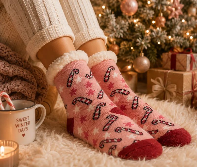 Chaussettes de Noël roses cannes sucre d'orge étoiles bordure blanche moelleuse