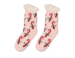 Chaussettes de Noël roses cannes sucre d'orge nœuds bordure blanche moelleuse