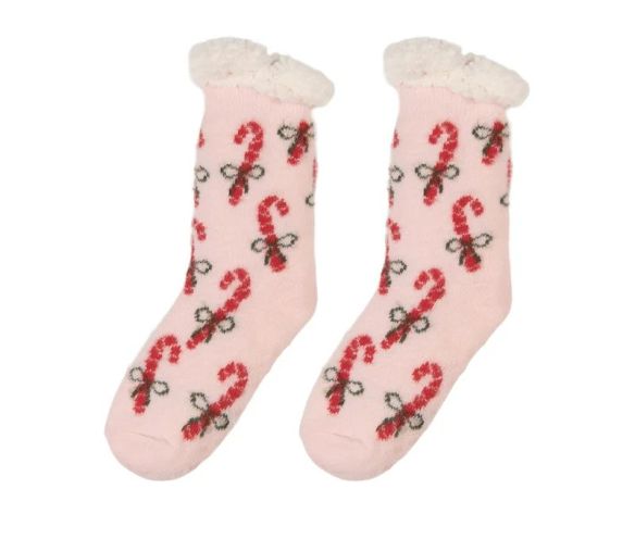 Chaussettes de Noël roses cannes sucre d'orge nœuds bordure blanche moelleuse