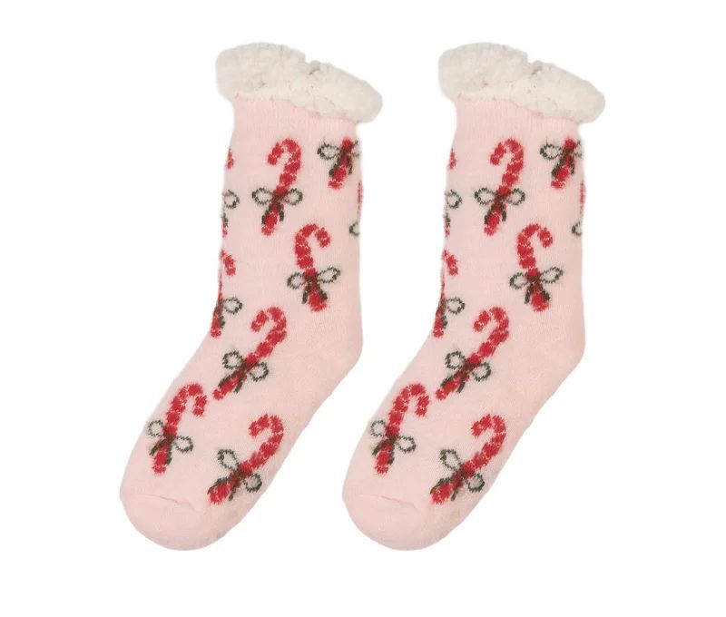 Chaussettes de Noël roses cannes sucre d'orge nœuds bordure blanche moelleuse