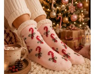 Chaussettes de Noël roses cannes sucre d'orge nœuds bordure blanche moelleuse
